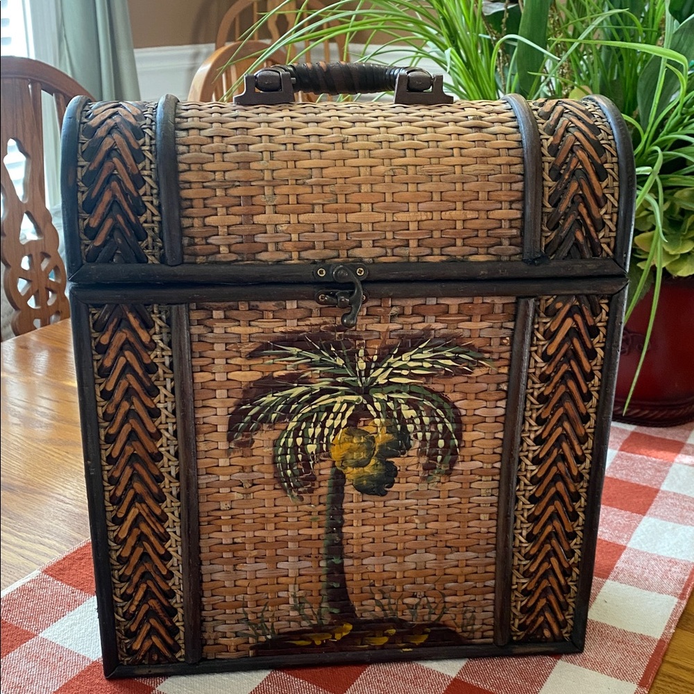 Vintage Rattan Woven (3) Wine Storage Brown Green Basket with Palm Tree 🌴 Design